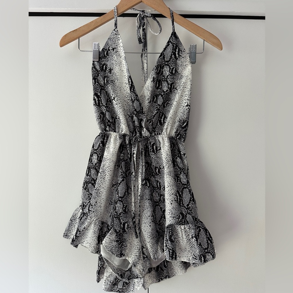 SHEIN Black & White Snake Print Halter Romper